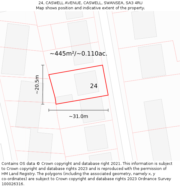 24, CASWELL AVENUE, CASWELL, SWANSEA, SA3 4RU: Plot and title map