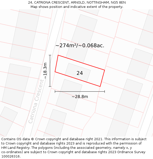 24, CATRIONA CRESCENT, ARNOLD, NOTTINGHAM, NG5 8EN: Plot and title map