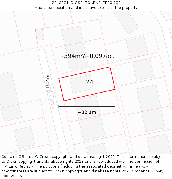 24, CECIL CLOSE, BOURNE, PE10 9QP: Plot and title map