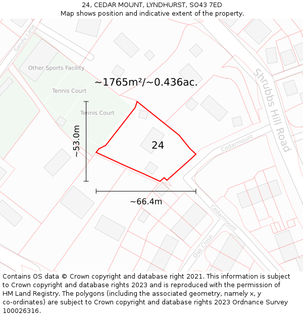 24, CEDAR MOUNT, LYNDHURST, SO43 7ED: Plot and title map