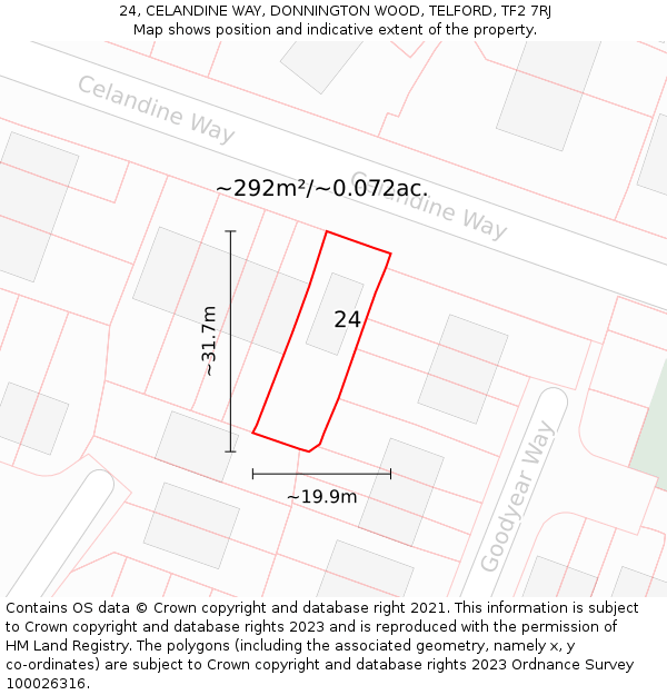 24, CELANDINE WAY, DONNINGTON WOOD, TELFORD, TF2 7RJ: Plot and title map