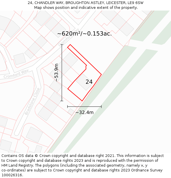 24, CHANDLER WAY, BROUGHTON ASTLEY, LEICESTER, LE9 6SW: Plot and title map
