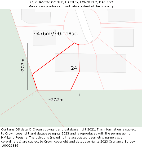 24, CHANTRY AVENUE, HARTLEY, LONGFIELD, DA3 8DD: Plot and title map