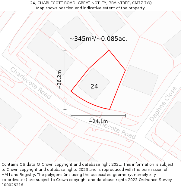 24, CHARLECOTE ROAD, GREAT NOTLEY, BRAINTREE, CM77 7YQ: Plot and title map