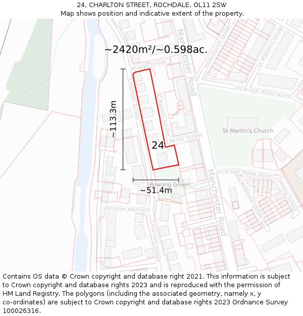 24, CHARLTON STREET, ROCHDALE, OL11 2SW: Plot and title map