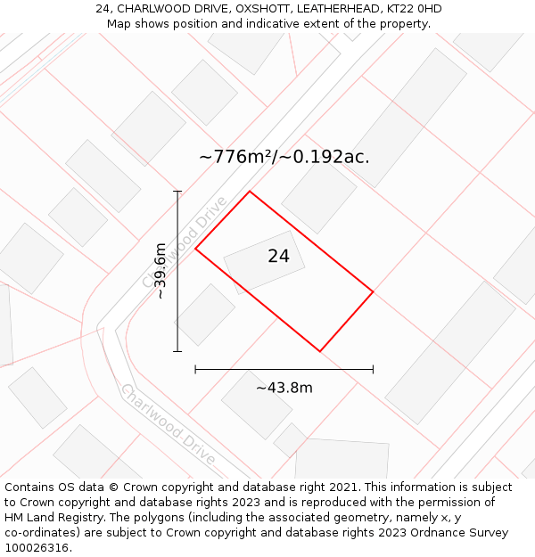 24, CHARLWOOD DRIVE, OXSHOTT, LEATHERHEAD, KT22 0HD: Plot and title map