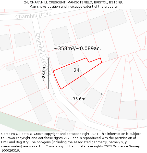 24, CHARNHILL CRESCENT, MANGOTSFIELD, BRISTOL, BS16 9JU: Plot and title map