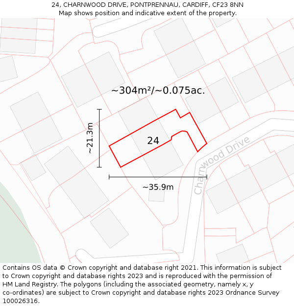 24, CHARNWOOD DRIVE, PONTPRENNAU, CARDIFF, CF23 8NN: Plot and title map