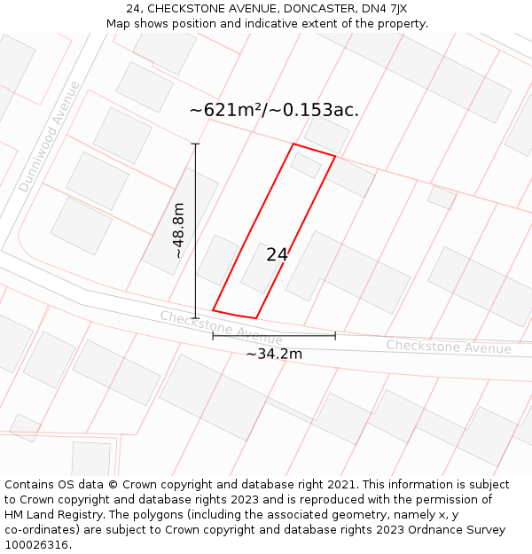 24, CHECKSTONE AVENUE, DONCASTER, DN4 7JX: Plot and title map