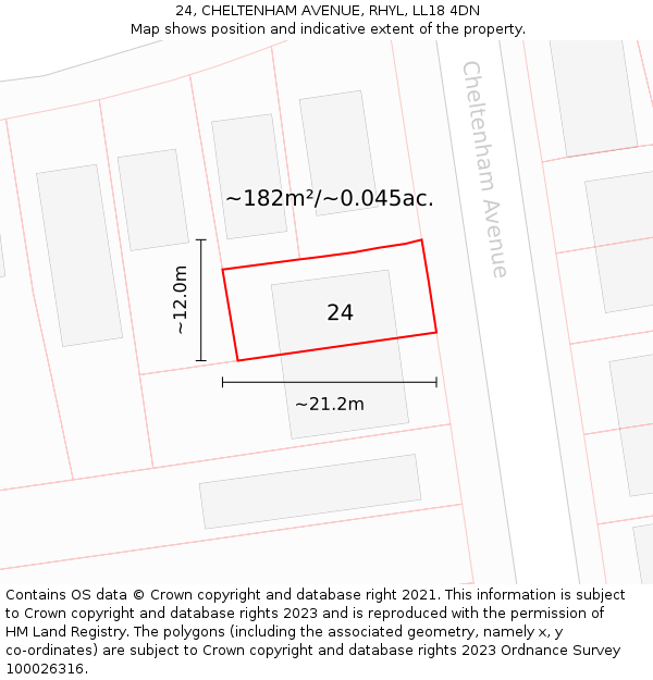 24, CHELTENHAM AVENUE, RHYL, LL18 4DN: Plot and title map