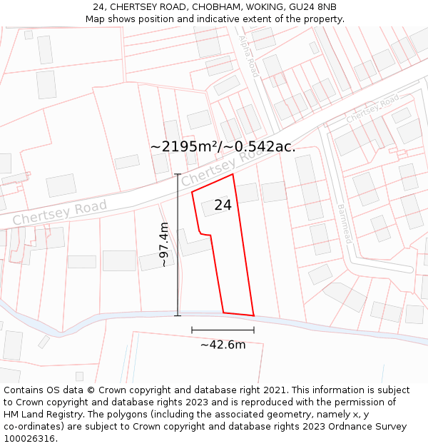 24, CHERTSEY ROAD, CHOBHAM, WOKING, GU24 8NB: Plot and title map