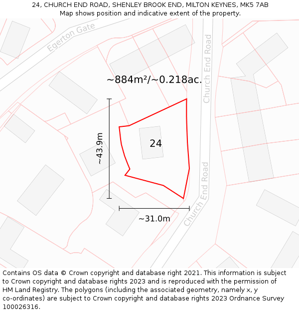 24, CHURCH END ROAD, SHENLEY BROOK END, MILTON KEYNES, MK5 7AB: Plot and title map