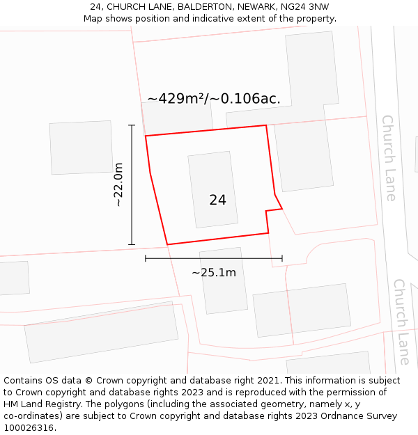 24, CHURCH LANE, BALDERTON, NEWARK, NG24 3NW: Plot and title map