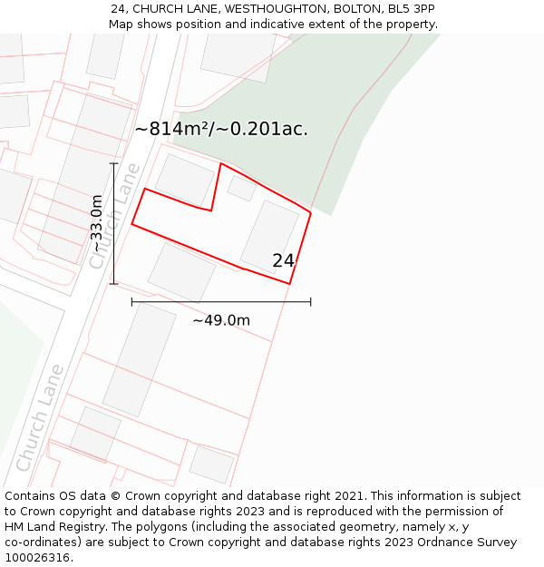 24, CHURCH LANE, WESTHOUGHTON, BOLTON, BL5 3PP: Plot and title map