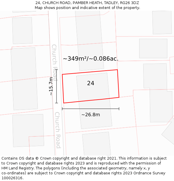 24, CHURCH ROAD, PAMBER HEATH, TADLEY, RG26 3DZ: Plot and title map