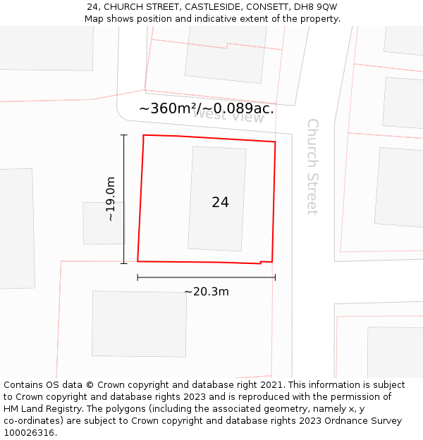 24, CHURCH STREET, CASTLESIDE, CONSETT, DH8 9QW: Plot and title map