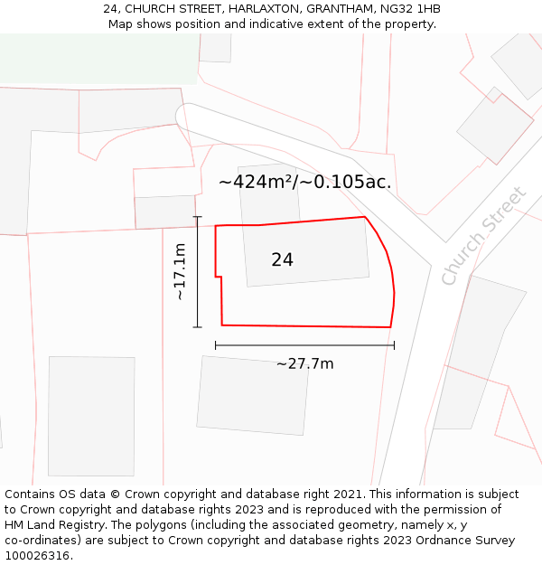 24, CHURCH STREET, HARLAXTON, GRANTHAM, NG32 1HB: Plot and title map