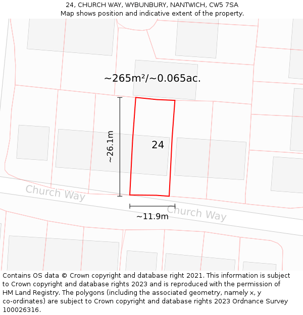 24, CHURCH WAY, WYBUNBURY, NANTWICH, CW5 7SA: Plot and title map