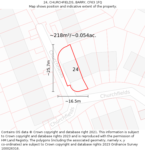 24, CHURCHFIELDS, BARRY, CF63 1FQ: Plot and title map