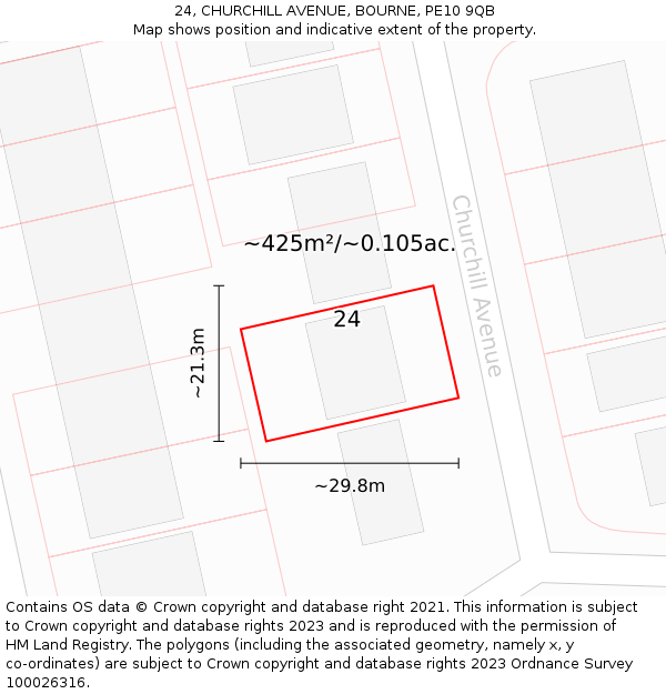 24, CHURCHILL AVENUE, BOURNE, PE10 9QB: Plot and title map