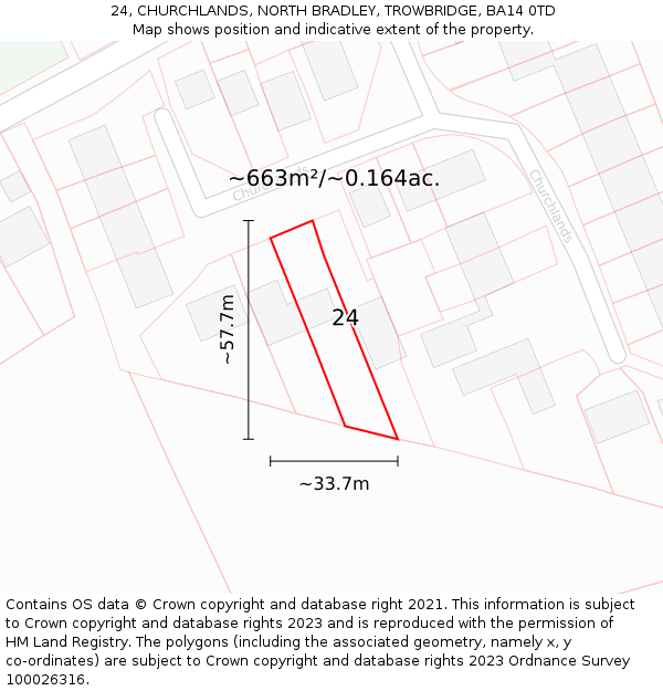 24, CHURCHLANDS, NORTH BRADLEY, TROWBRIDGE, BA14 0TD: Plot and title map