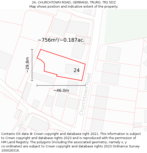 24, CHURCHTOWN ROAD, GERRANS, TRURO, TR2 5DZ: Plot and title map