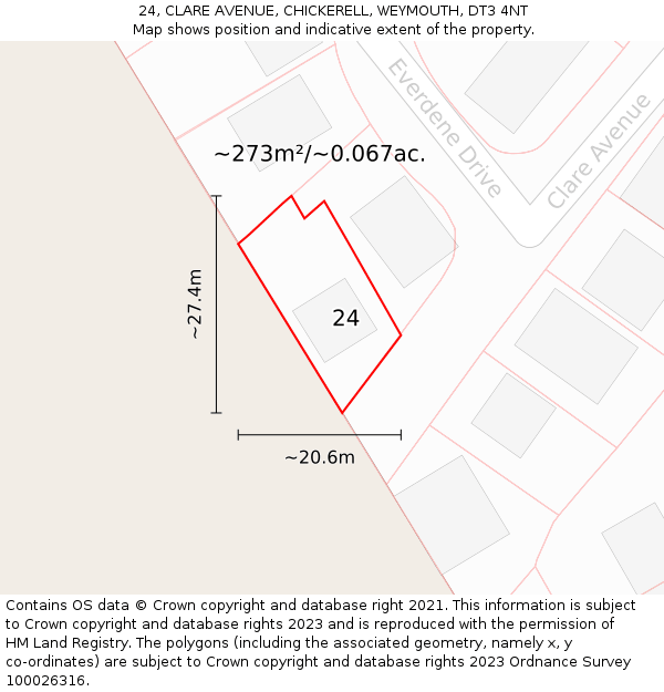 24, CLARE AVENUE, CHICKERELL, WEYMOUTH, DT3 4NT: Plot and title map