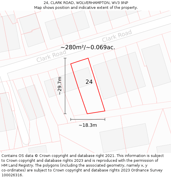 24, CLARK ROAD, WOLVERHAMPTON, WV3 9NP: Plot and title map