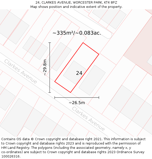 24, CLARKES AVENUE, WORCESTER PARK, KT4 8PZ: Plot and title map