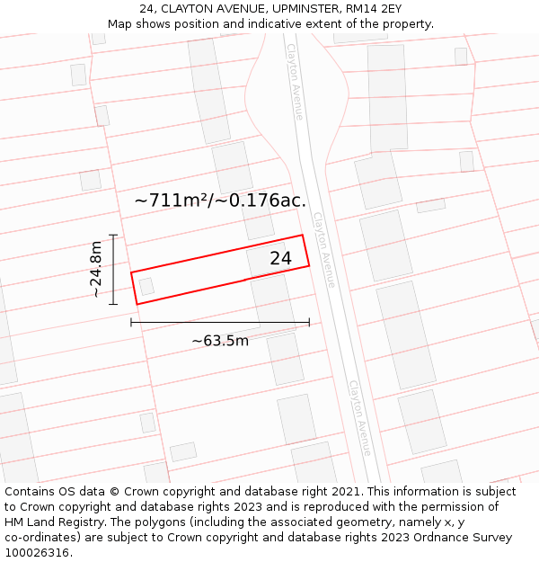 24, CLAYTON AVENUE, UPMINSTER, RM14 2EY: Plot and title map