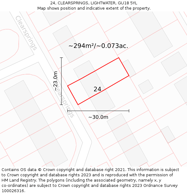 24, CLEARSPRINGS, LIGHTWATER, GU18 5YL: Plot and title map