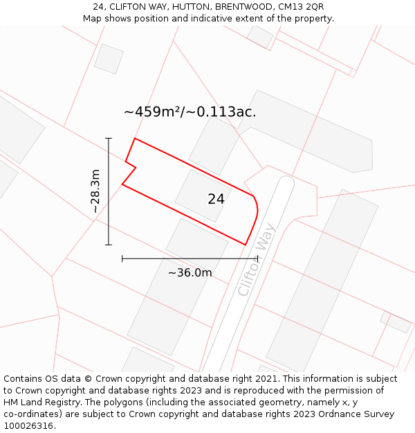 24, CLIFTON WAY, HUTTON, BRENTWOOD, CM13 2QR: Plot and title map