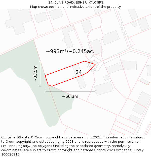 24, CLIVE ROAD, ESHER, KT10 8PS: Plot and title map