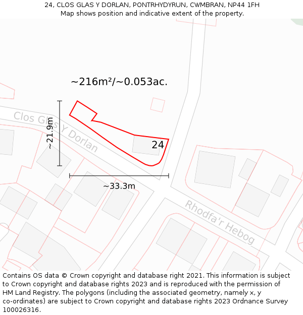 24, CLOS GLAS Y DORLAN, PONTRHYDYRUN, CWMBRAN, NP44 1FH: Plot and title map