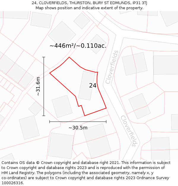 24, CLOVERFIELDS, THURSTON, BURY ST EDMUNDS, IP31 3TJ: Plot and title map