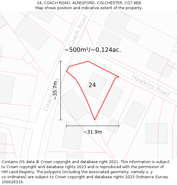 24, COACH ROAD, ALRESFORD, COLCHESTER, CO7 8EB: Plot and title map