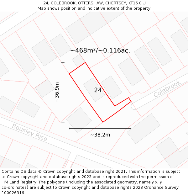 24, COLEBROOK, OTTERSHAW, CHERTSEY, KT16 0JU: Plot and title map