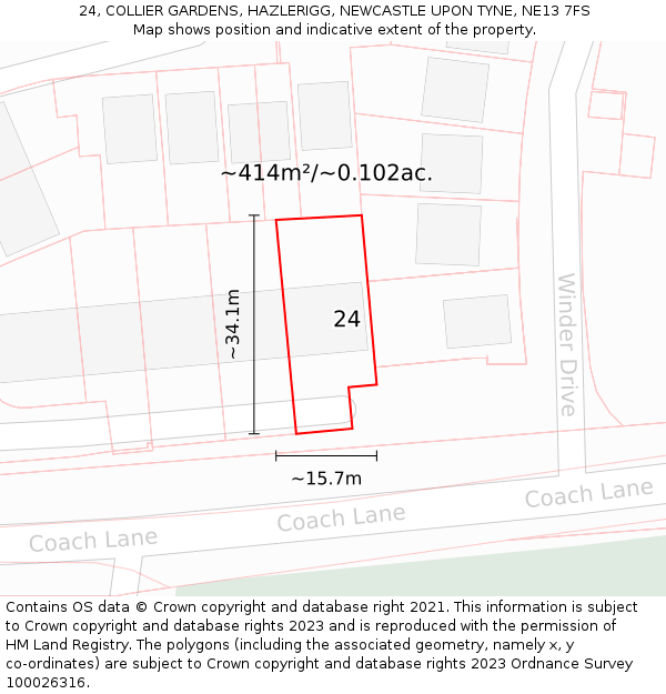 24, COLLIER GARDENS, HAZLERIGG, NEWCASTLE UPON TYNE, NE13 7FS: Plot and title map