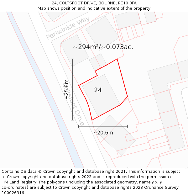 24, COLTSFOOT DRIVE, BOURNE, PE10 0FA: Plot and title map