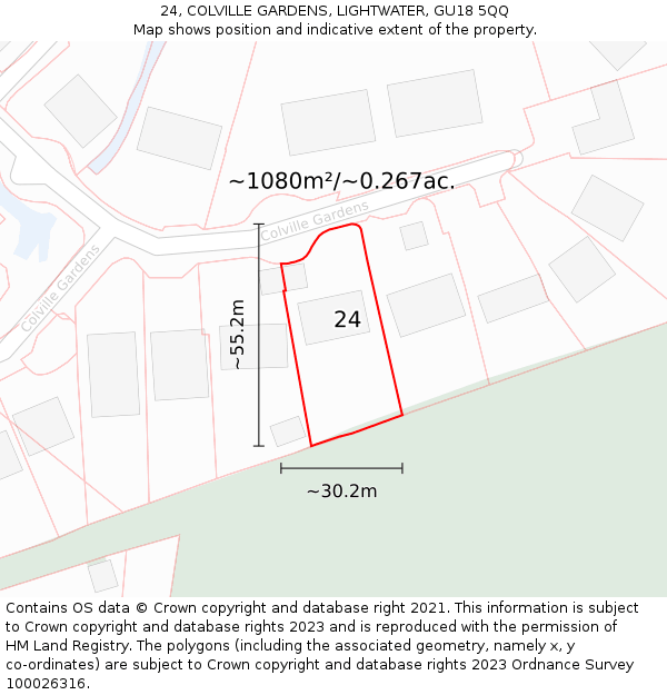 24, COLVILLE GARDENS, LIGHTWATER, GU18 5QQ: Plot and title map