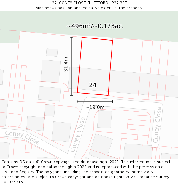 24, CONEY CLOSE, THETFORD, IP24 3PE: Plot and title map