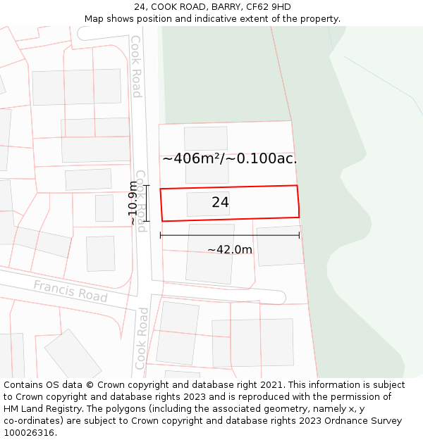 24, COOK ROAD, BARRY, CF62 9HD: Plot and title map