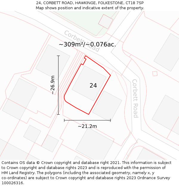 24, CORBETT ROAD, HAWKINGE, FOLKESTONE, CT18 7SP: Plot and title map