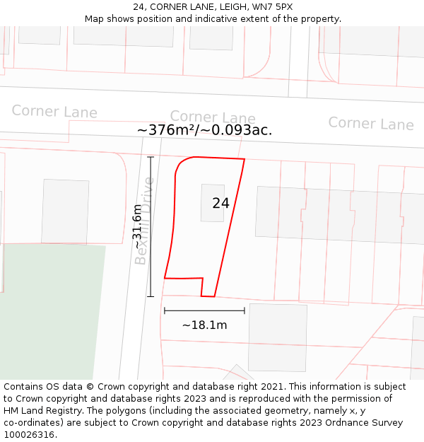 24, CORNER LANE, LEIGH, WN7 5PX: Plot and title map