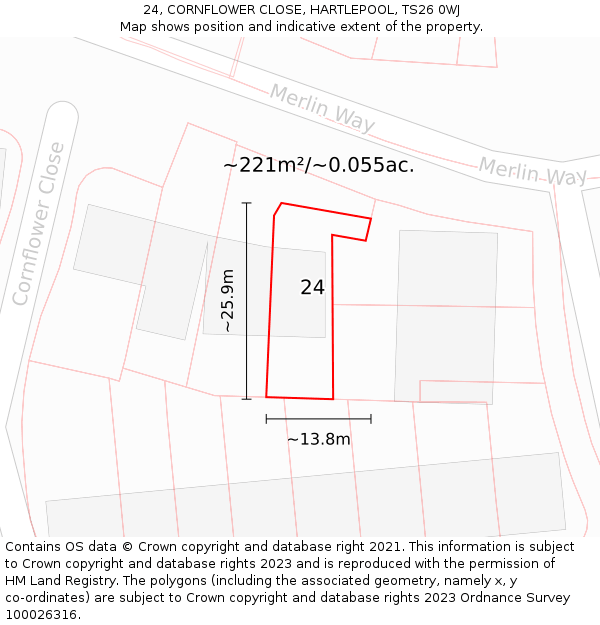 24, CORNFLOWER CLOSE, HARTLEPOOL, TS26 0WJ: Plot and title map