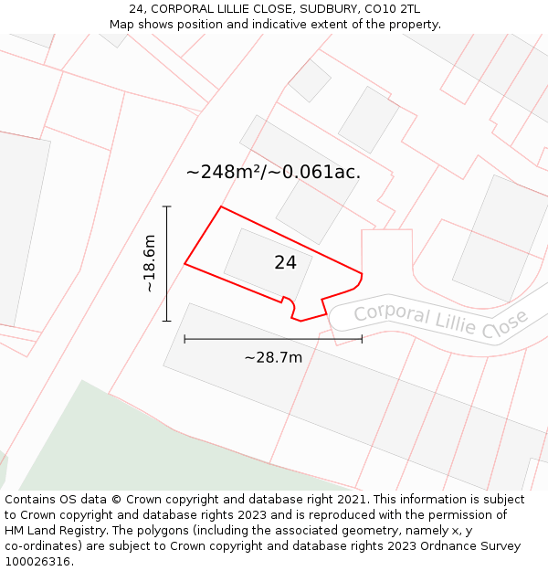 24, CORPORAL LILLIE CLOSE, SUDBURY, CO10 2TL: Plot and title map