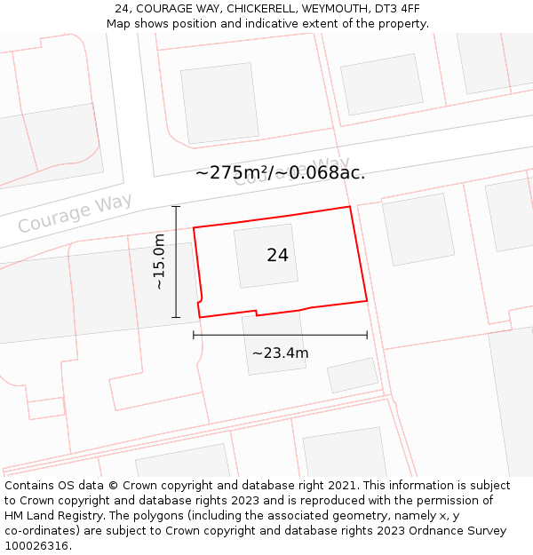 24, COURAGE WAY, CHICKERELL, WEYMOUTH, DT3 4FF: Plot and title map