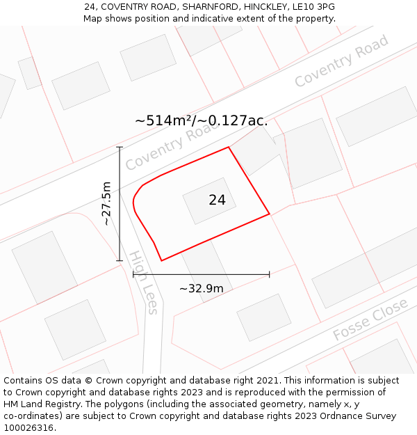 24, COVENTRY ROAD, SHARNFORD, HINCKLEY, LE10 3PG: Plot and title map