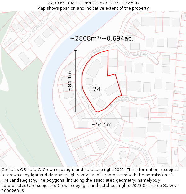 24, COVERDALE DRIVE, BLACKBURN, BB2 5ED: Plot and title map