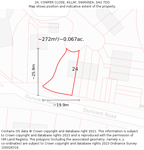 24, COWPER CLOSE, KILLAY, SWANSEA, SA2 7DG: Plot and title map